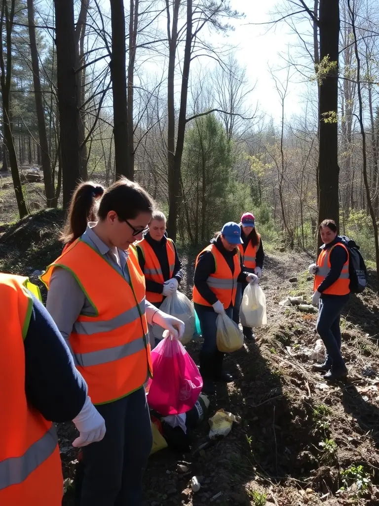 A photo of association members participating in a cleanup drive in a local forest, demonstrating their commitment to preserving the natural environment.