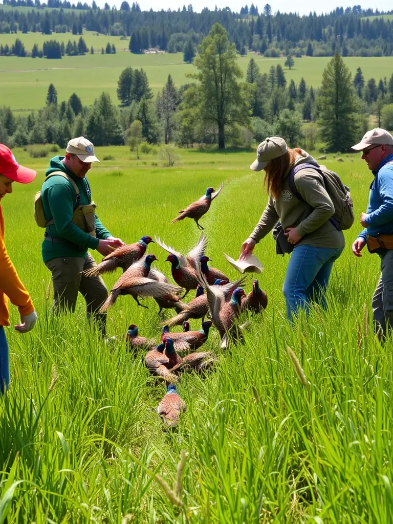 A photograph capturing a group of association members participating in a pheasant release program in the Albepierre-Bredons region, showcasing their commitment to wildlife conservation.
