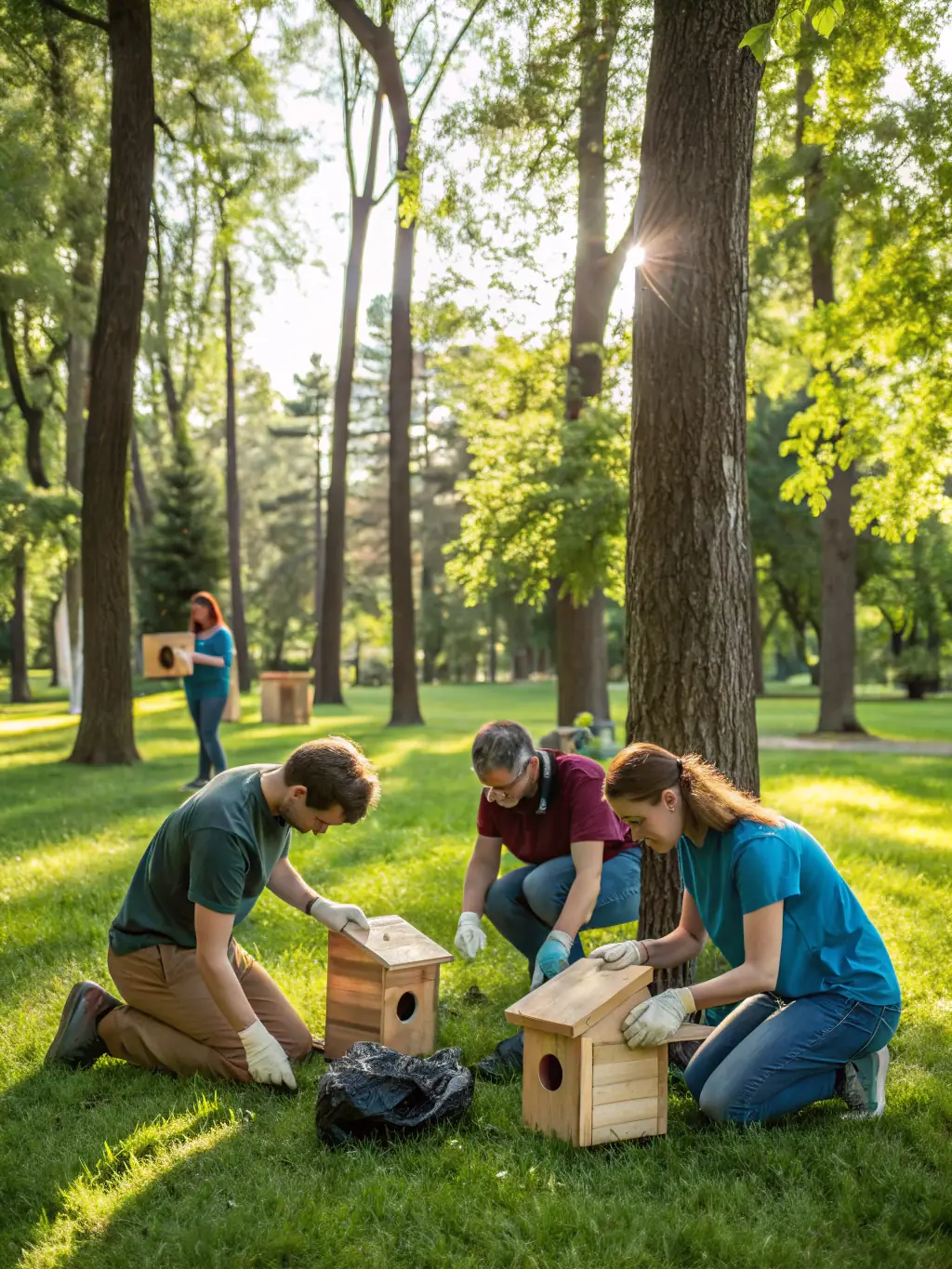 A scenic shot of association members constructing birdhouses and feeders in a local forest, highlighting their efforts to support avian biodiversity.