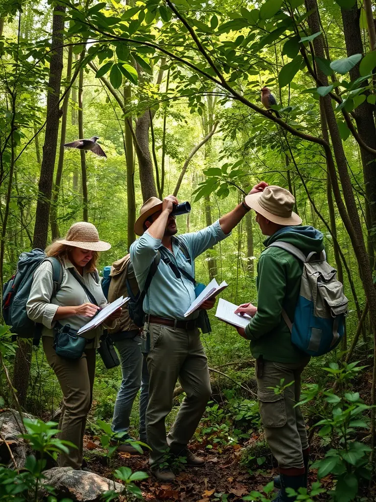 A photograph depicting members of ASSOCIATION COMMUNALE DE CHASSE AGREEE D'ALBEPIERRE-BREDONS participating in a wildlife census, using binoculars and notebooks in a natural habitat.
