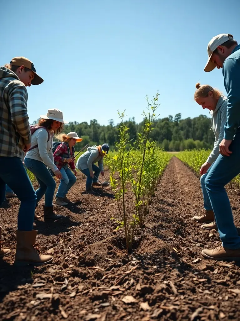 A photograph showing volunteers planting native trees and shrubs as part of a habitat restoration project organized by ASSOCIATION COMMUNALE DE CHASSE AGREEE D'ALBEPIERRE-BREDONS.
