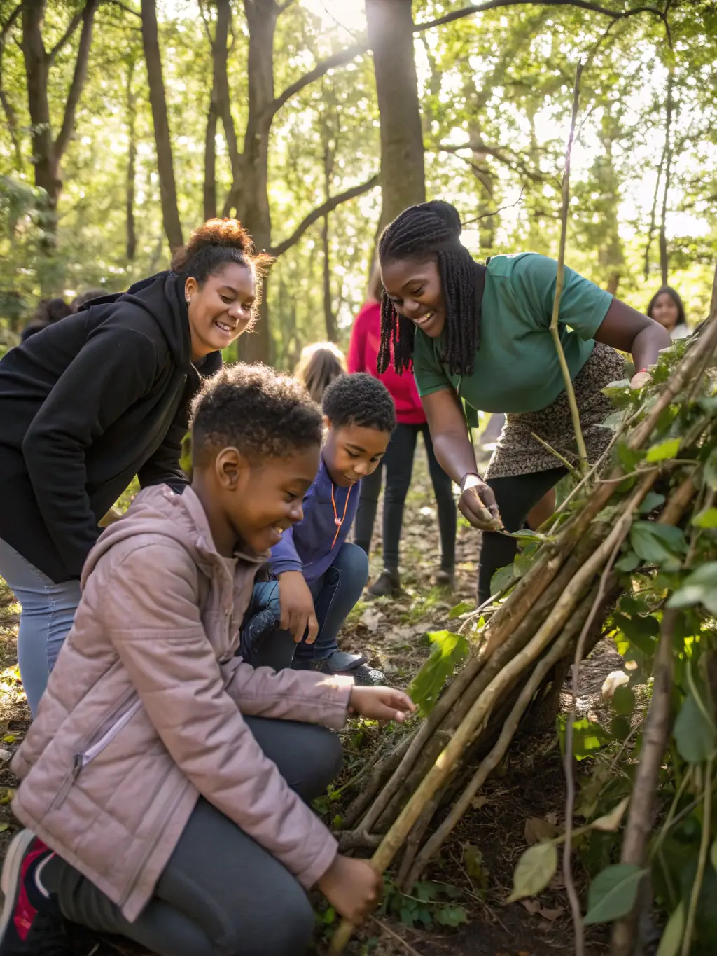 A photograph showcasing members of ASSOCIATION COMMUNALE DE CHASSE AGREEE D'ALBEPIERRE-BREDONS constructing and installing birdhouses and bat boxes in a forest setting.